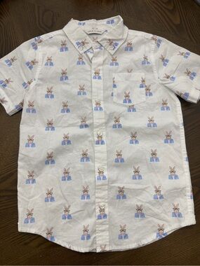 Janie and Jack White Button-Down Shirt with Blue and Brown Bunny Print